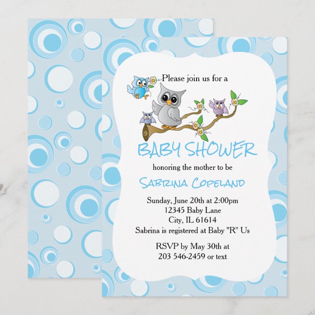 Blue Baby Owl | Thema Dusche Einladung (Vorne/Hinten)