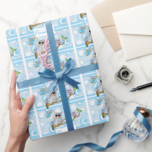 Blue Baby Owl   Thema Dusche Geschenkpapier