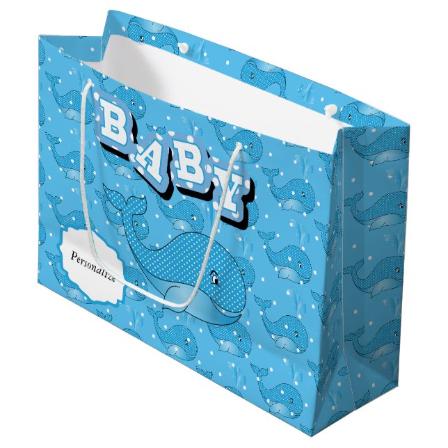 Blue Baby Polka Dotted Whale Große Geschenktüte (Vorderseite Schrägansicht)