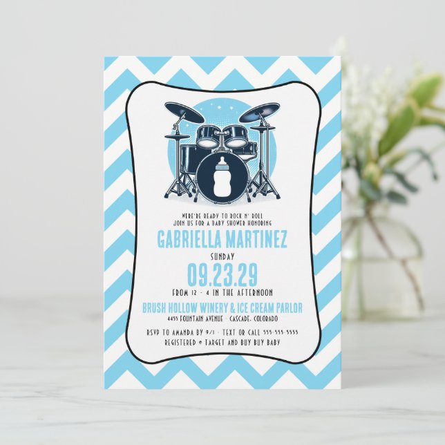 Blue Baby Rock Baby Dusche Einladung (Stehend Vorderseite)