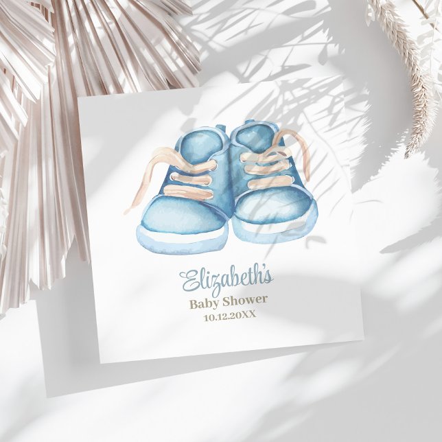 Blue Baby Shoes Baby Shower Napkins Serviette (Blue Baby Shoes Baby Shower Napkins on a sunny white table.)