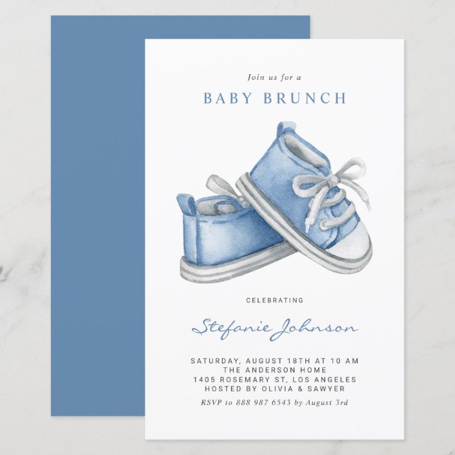 Blue Baby Shoes Es ist eine Boy Baby Brunch Einlad (Vorne/Hinten)