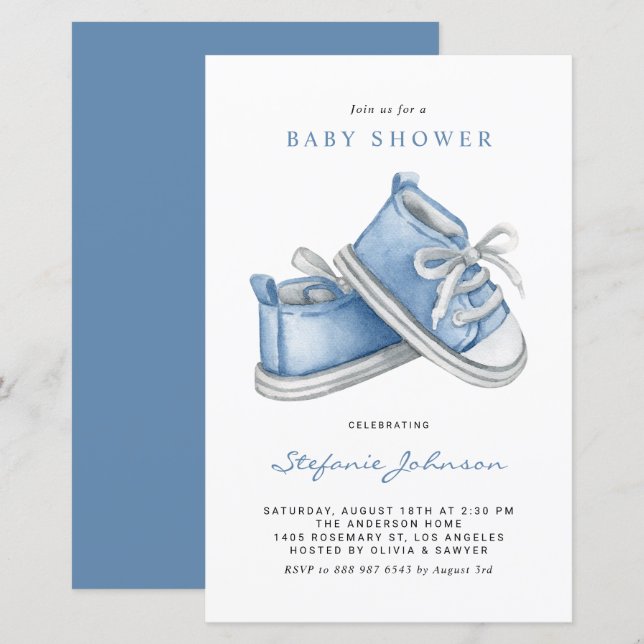 Blue Baby Shoes Es ist eine Boy Baby Dusche Einlad (Vorne/Hinten)