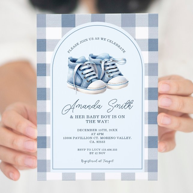 Blue Baby Shoes Gingham Boy Hinterns Baby Shower Einladung (Von Creator hochgeladen)