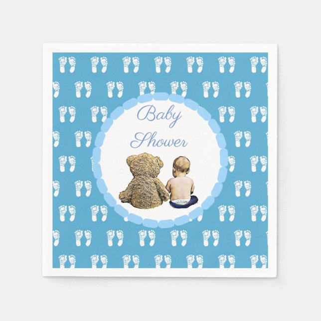 Blue Baby Shower Boy and Teddy Bear Serviette (Vorderseite)