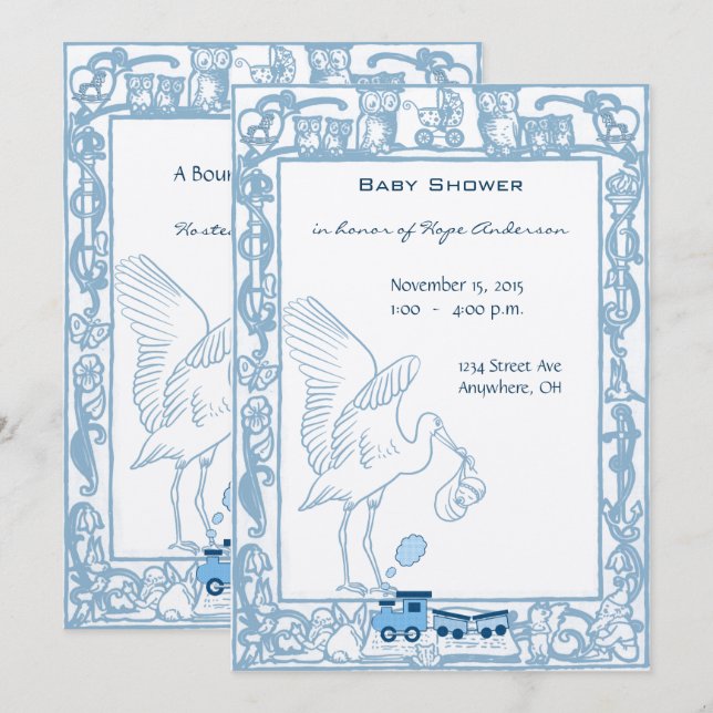Blue Baby Shower Boy Stork, Owl Choo Zug Einladung (Vorne/Hinten)