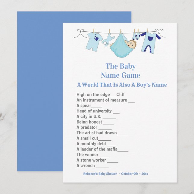 Blue Baby Shower Guessing Game Einladung (Vorne/Hinten)