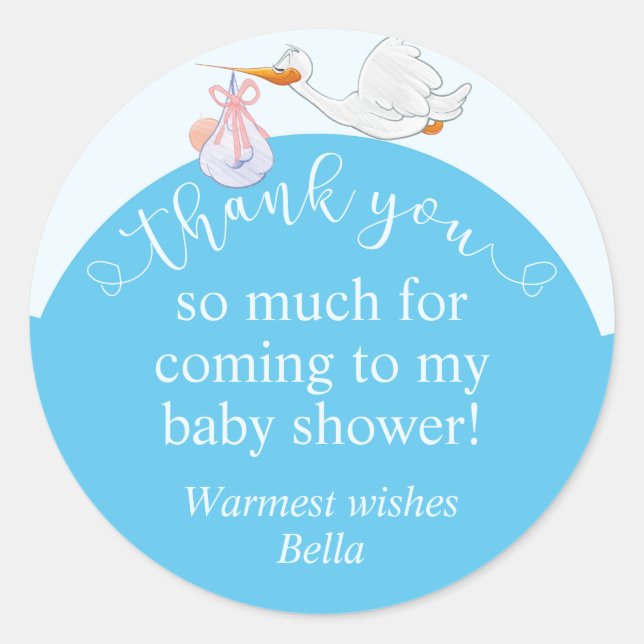 Blue Baby Shower Storch Danke Aufkleber (Vorderseite)