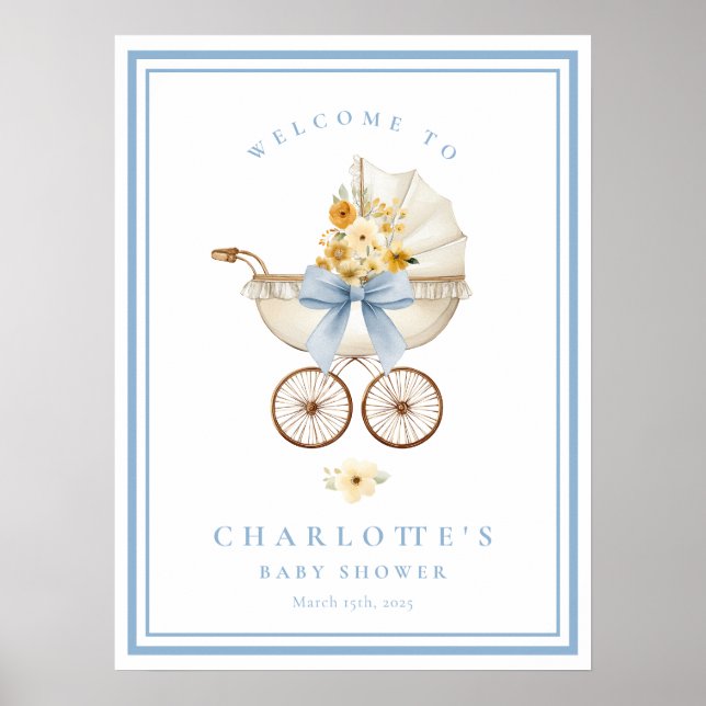 Blue Baby Shower Welcome Poster | Vintage Pram (Vorne)