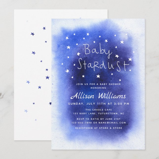 Blue Baby Stardust Stars Wasserfarben Babydusche Einladung (Vorne/Hinten)