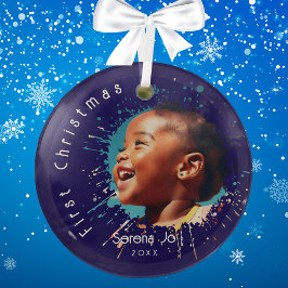 Blue Baby's First Christmas Splatter Pattern  Ornament Aus Glas
