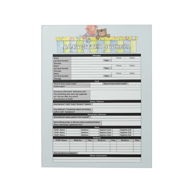 Blue Babysitter Journal Notepad Notizblock (Rotiert)
