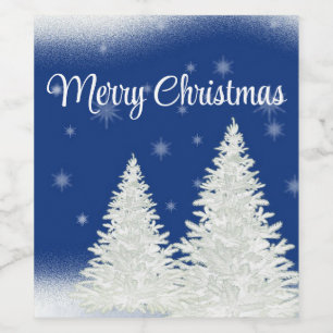 Blue Background mit dem Weihnachtsbaum Weinetikett