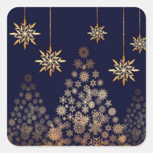 Blue Background mit Golden Christmas Tree Quadratischer Aufkleber