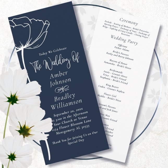 Blue Background White Floral Simple Wedding Programm (Von Creator hochgeladen)