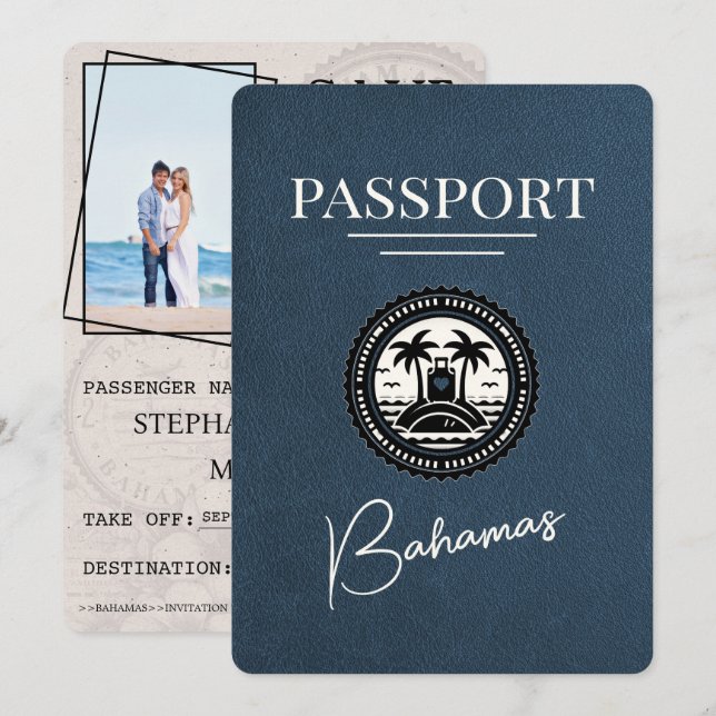 Blue Bahamas Passport Save the Date (Vorne/Hinten)