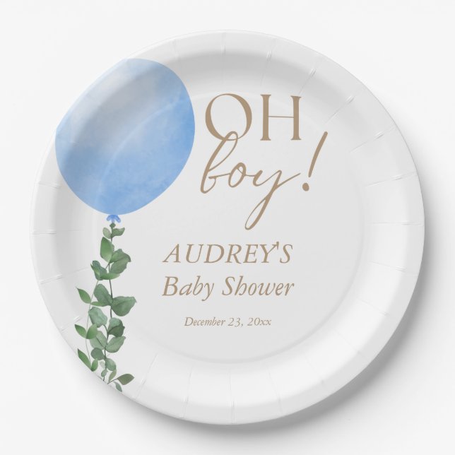 Blue Balloon Baby Boy Shower Einladung Oh Boy Pappteller (Vorderseite)