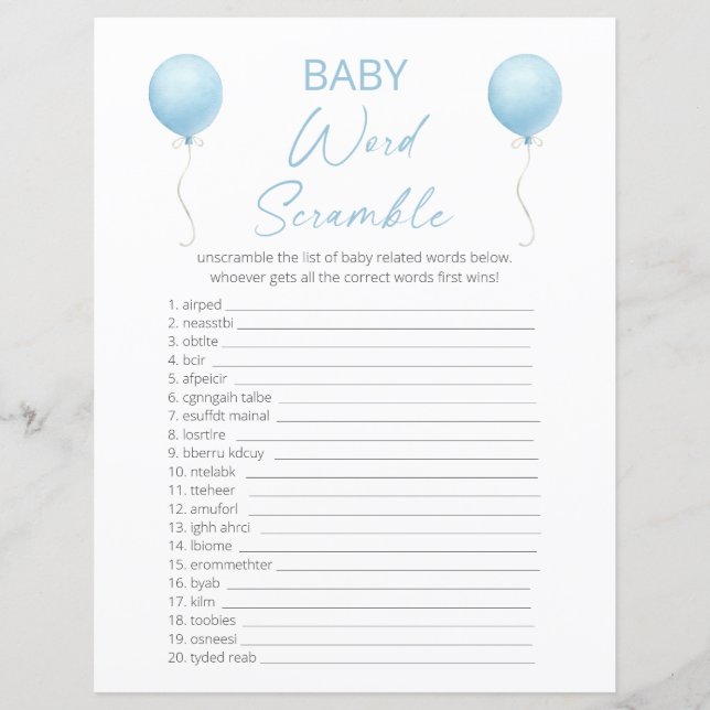 Blue Balloon Baby Showdusche Word Scramble (Vorderseite)