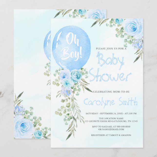 Blue Balloon Baby Shower Einladung (Vorne/Hinten)