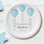 Blue Balloon Baby Shower Greenery Pappteller<br><div class="desc">Die Babydusche Papierplatte dieses Jungen ist mit Aquarellblütenballons und Eukalyptusgrün dekoriert. Einfach anpassbar. Ändern Sie mithilfe des Entwurfstools die Textgröße,  den Stil oder die Farbe. Weil wir unsere Kunstwerke erstellen,  werden Sie dieses exakte Bild von anderen Designern nicht finden. Original Wasserfarbe © Michele Davies.</div>