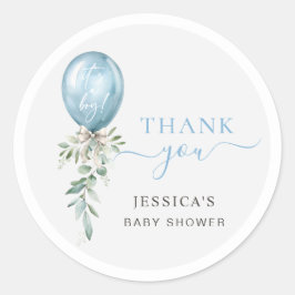 Blue Balloon Bow Greenery Baby Shower Thank You Runder Aufkleber