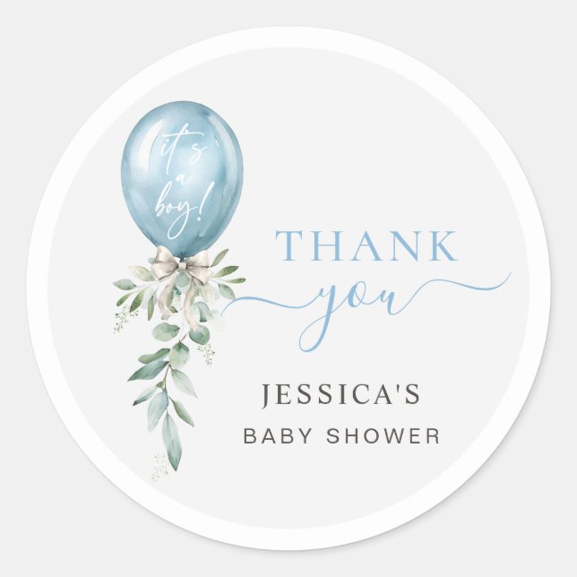 Blue Balloon Bow Greenery Baby Shower Thank You Runder Aufkleber (Vorderseite)