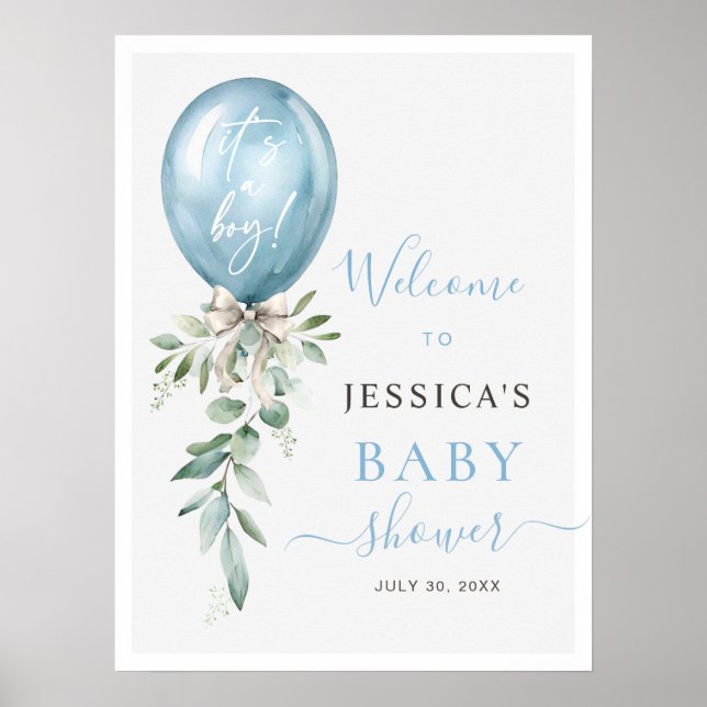 Blue Balloon Bow Greenery Baby Shower Welcome Poster (Vorne)