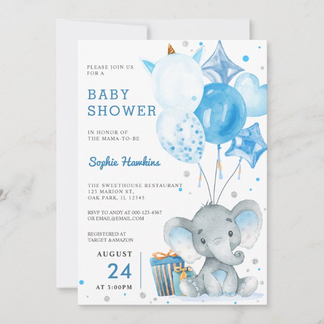Blue Balloon Boy Silver Elephant Baby Dusche Einladung (Vorderseite)