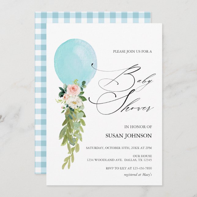 Blue Balloon Calligraphy Script Baby Dusche Einladung (Vorne/Hinten)