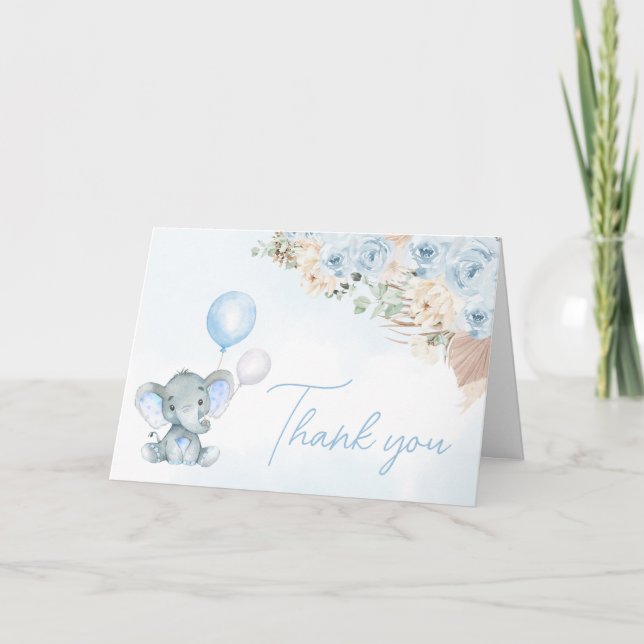 Blue Balloon Elephant Baby Dusche Dankeskarte (Vorderseite)