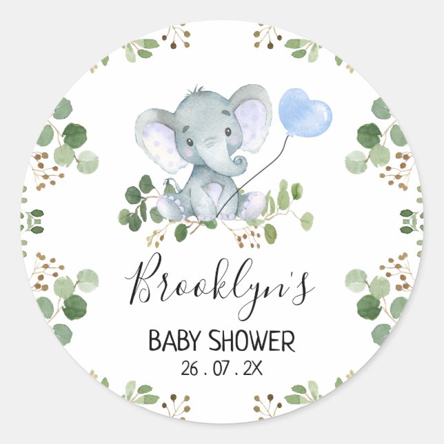 Blue Balloon Elephant Baby Showaufkleber Runder Aufkleber (Vorderseite)