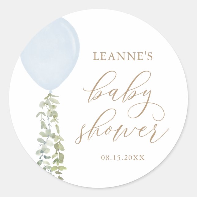 Blue Balloon Eucalyptus Baby Dusche Runder Aufkleber (Vorderseite)