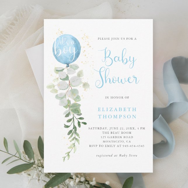 Blue Balloon Eucalyptus Elegant Boy Baby Showroom Einladung (boy baby shower invitation blue balloon eucalyptus greenery watercolor modern calligraphy simple)