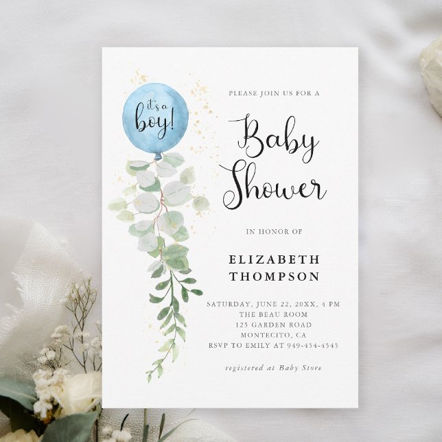 Blue Balloon Eucalyptus Es ist eine Baby-Dusche Einladung (boy baby shower invitation blue balloon eucalyptus greenery watercolor modern calligraphy botanical)