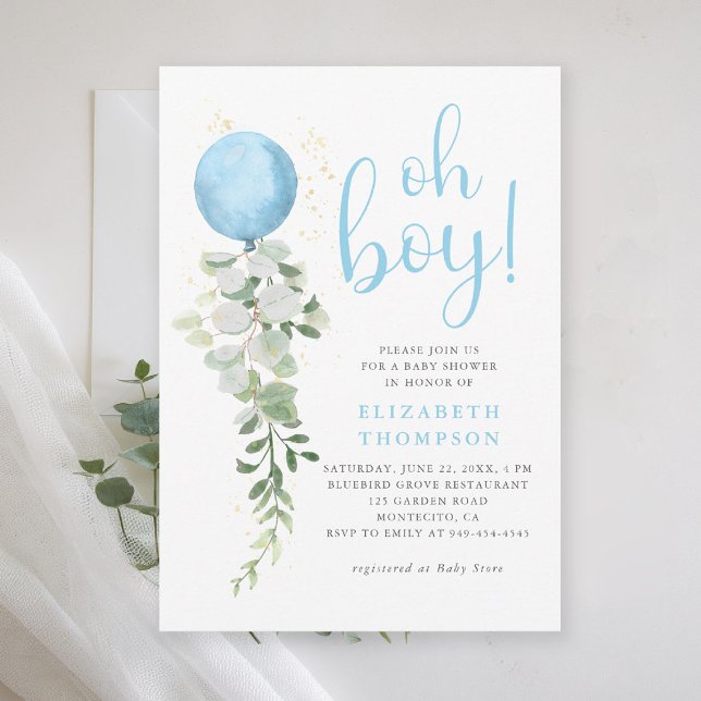 Blue Balloon Eucalyptus Foliage Oh Boy Baby Showdu Einladung (oh boy baby shower invitation blue balloon eucalyptus greenery watercolor blue calligraphy elegant)