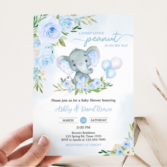 Blue Balloon Floral Elephant Baby Dusche Einladung (Boy Elephant Balloon Baby Shower Invitation)