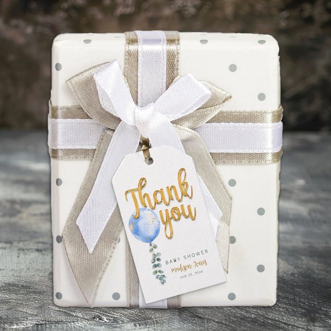Blue Balloon Gold Script Baby Dusche Vielen Dank Geschenkanhänger (Blue & Gold Thank You Tag)