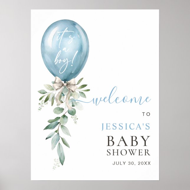 Blue Balloon Greenery Bow Baby Shower Welcome Poster (Vorne)