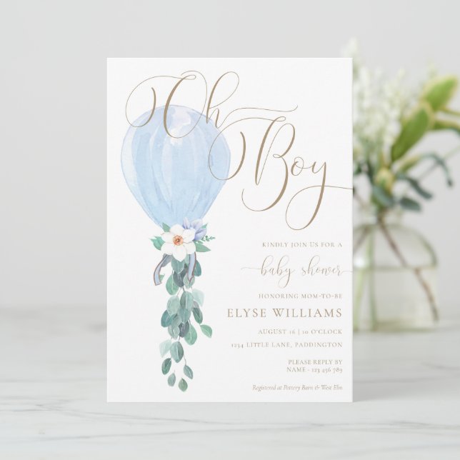 Blue Balloon Oh Boy Baby Dusche Einladung (Stehend Vorderseite)