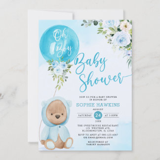 Blue Balloon Oh Boy Teddy Bär Babydusche Einladung