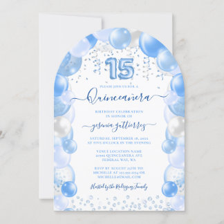 Blue Balloon Sparkle Quinceañera Einladung