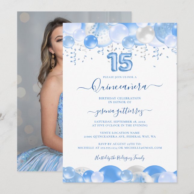 Blue Balloon Sparkle Quinceañera Foto Einladung (Vorne/Hinten)
