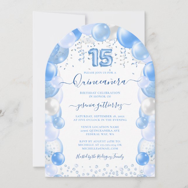 Blue Balloon Sparkle Quinceañera Foto Einladung (Vorderseite)