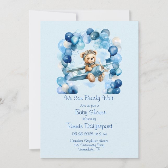 Blue Balloon Teddy Bear Airplane Boy Baby Dusche Einladung (Vorderseite)
