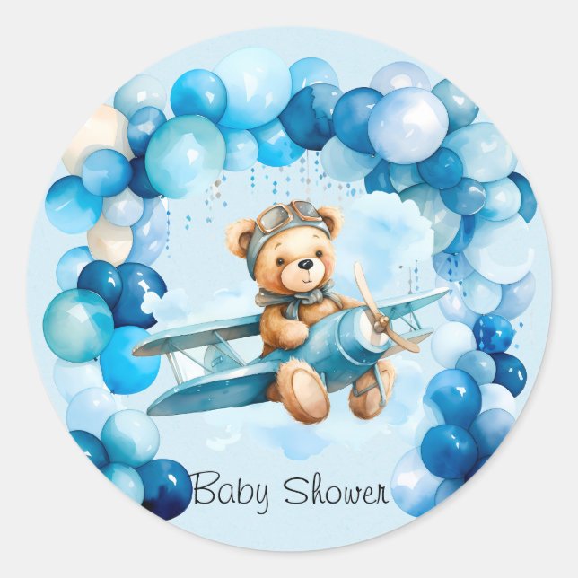 Blue Balloon Teddy Bear Airplane Boy Baby Dusche Runder Aufkleber (Vorderseite)