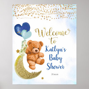 Blue Balloon Teddy Bear Baby Dusche Begrüßungszeic Poster