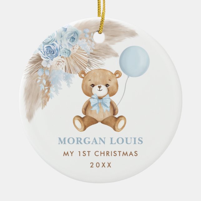 Blue Balloon Teddy Bear Baby First 1. Weihnachten Keramik Ornament (Vorne)