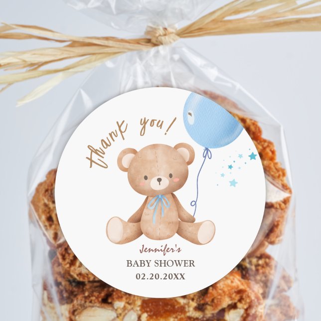 Blue Balloon Teddy Bear | Boy Baby Dusche Runder Aufkleber (Von Creator hochgeladen)