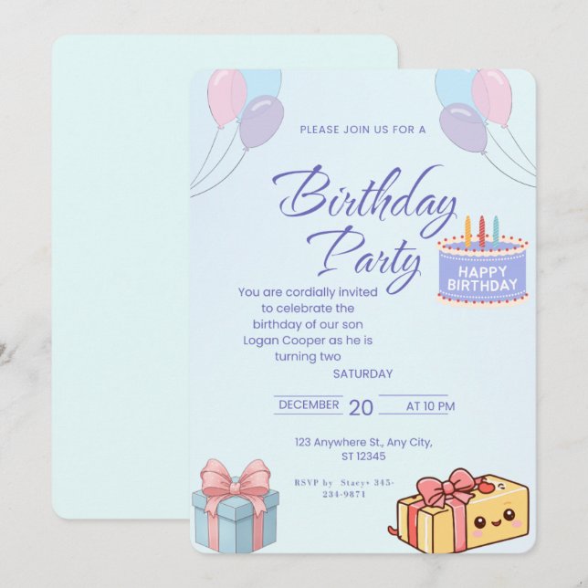 Blue Balloons and Gifts Birthday Invitation - Cust Einladung (Vorne/Hinten)