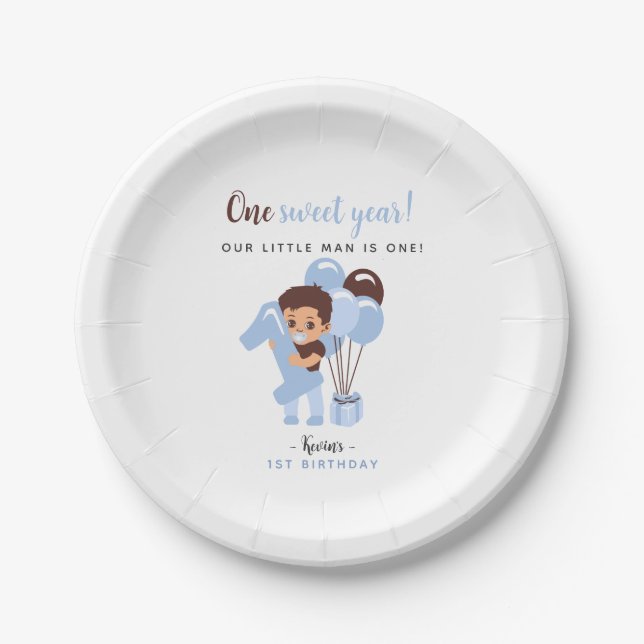 Blue Balloons Baby Boy First Birthday  Pappteller (Vorderseite)